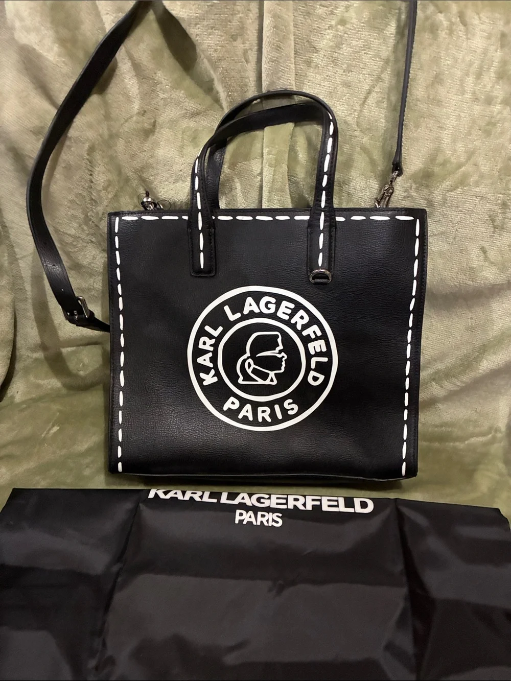 Karl Lagerfeld Black Tote with White Logo and Stitch Detail